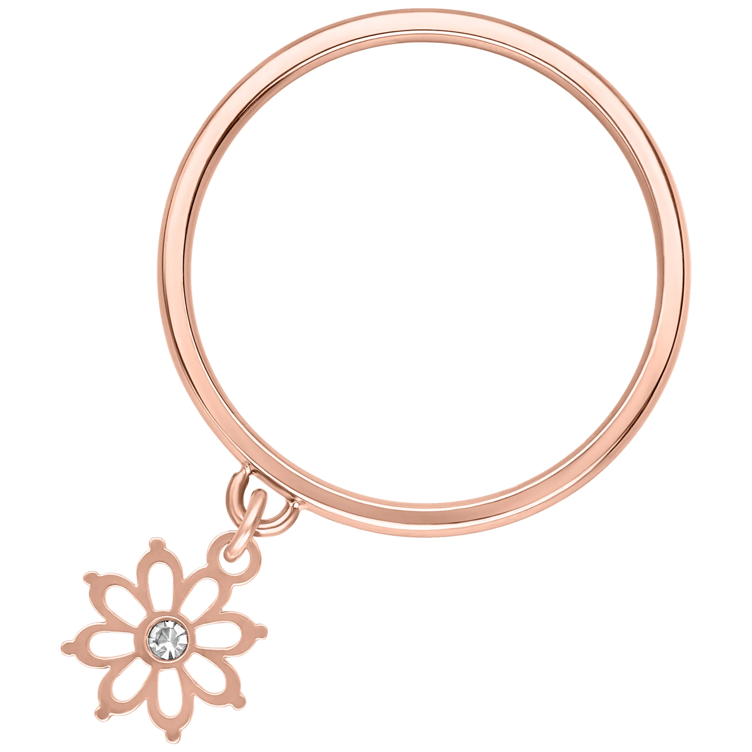 Anello in oro rosa con ciondolo floreale pendente su sfondo bianco