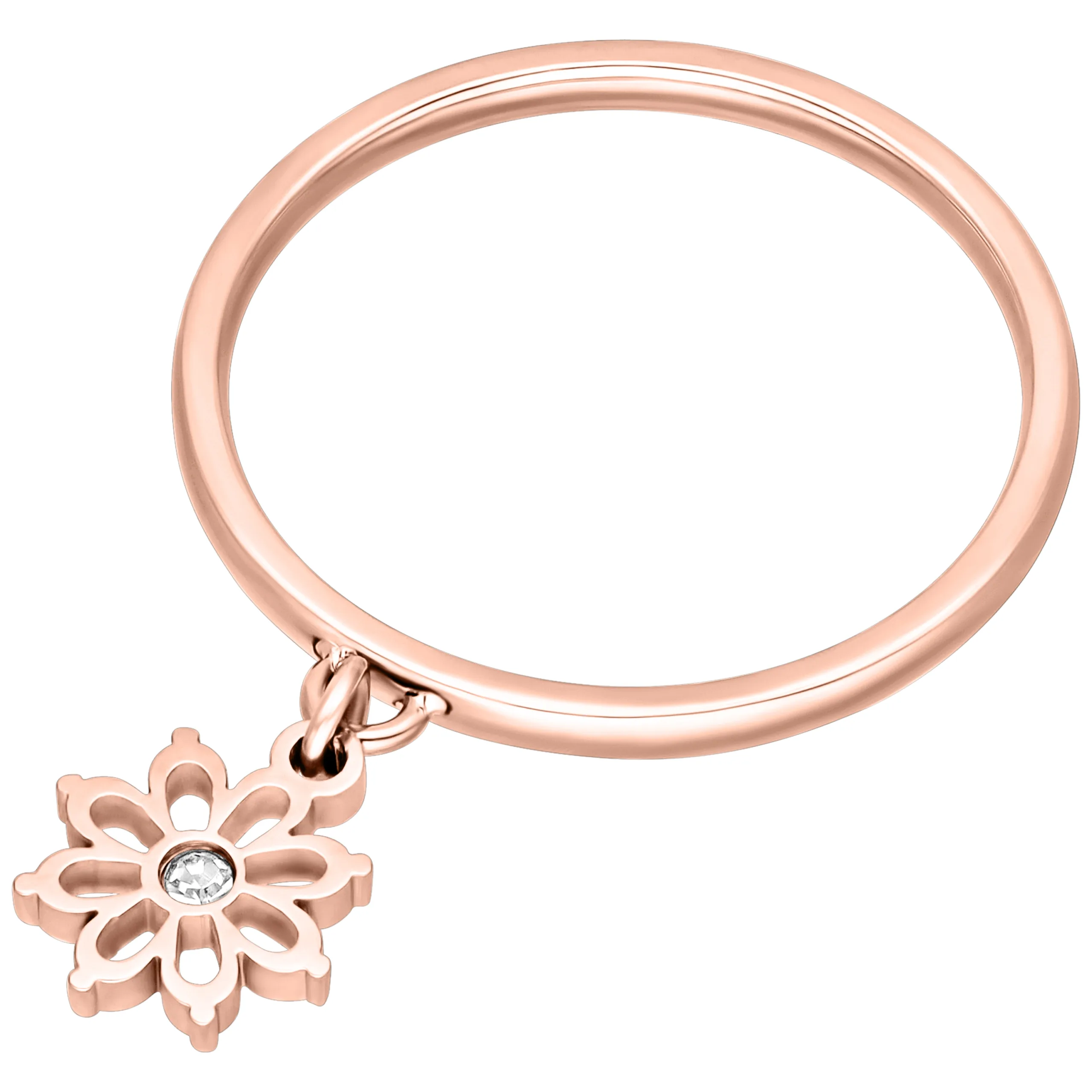 Anello in oro rosa in acciaio chirurgico con ciondolo a forma di fiore su sfondo bianco