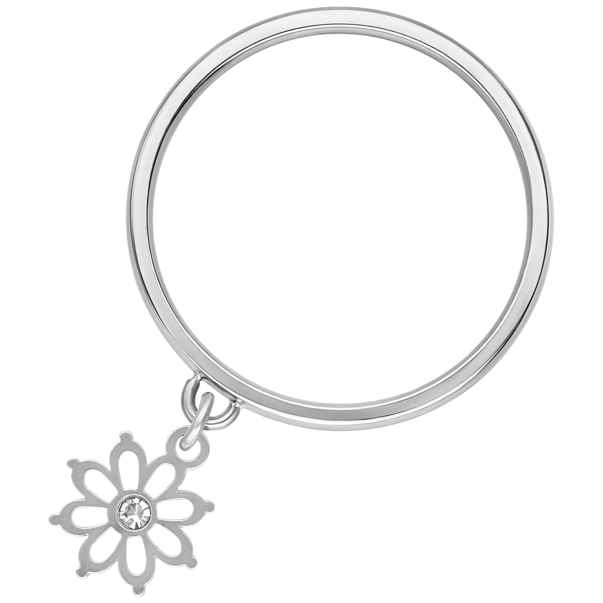 Anello argento con ciondolo a forma di fiore in acciaio chirurgico su sfondo bianco