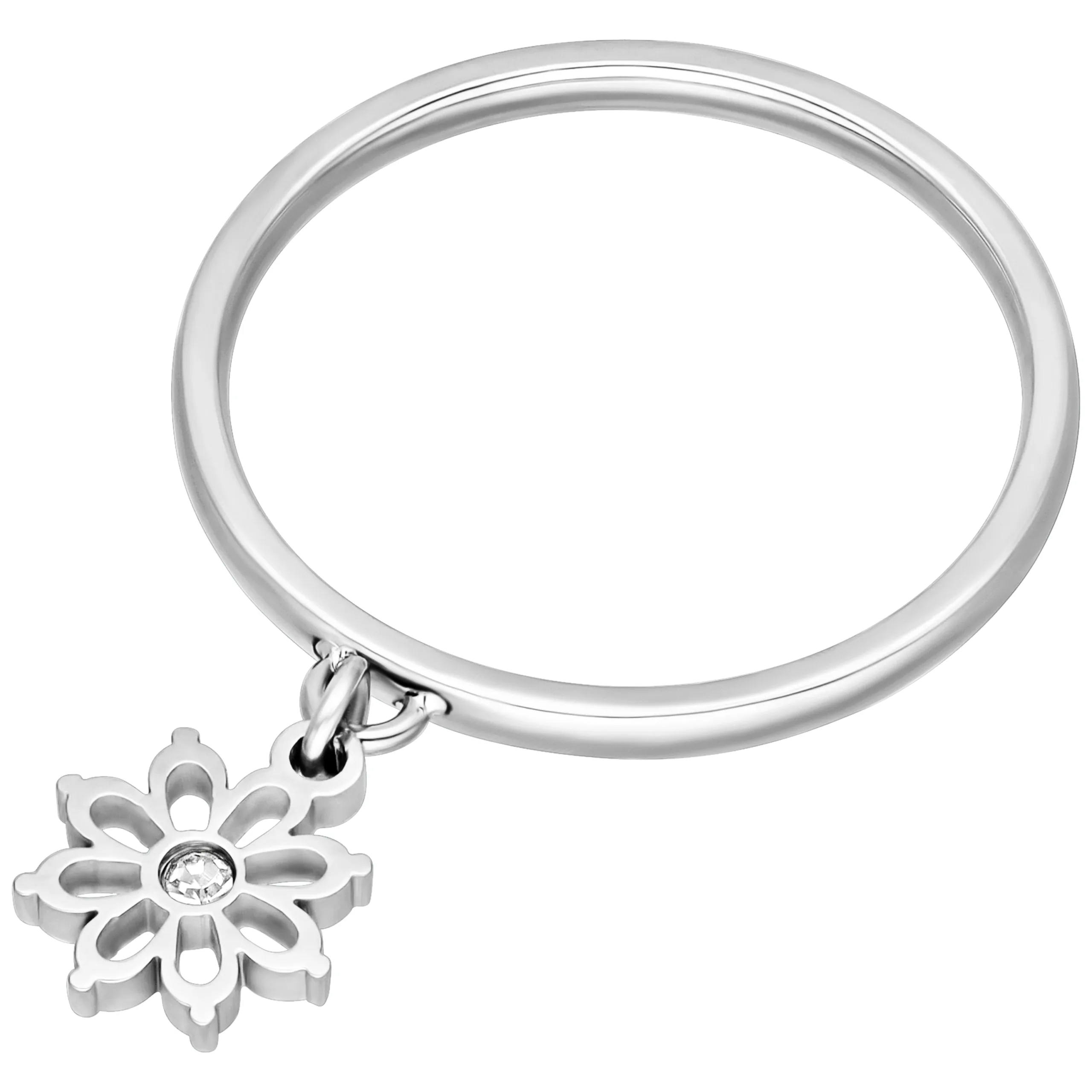 Anello da dito in argento con ciondolo floreale pendente su sfondo bianco