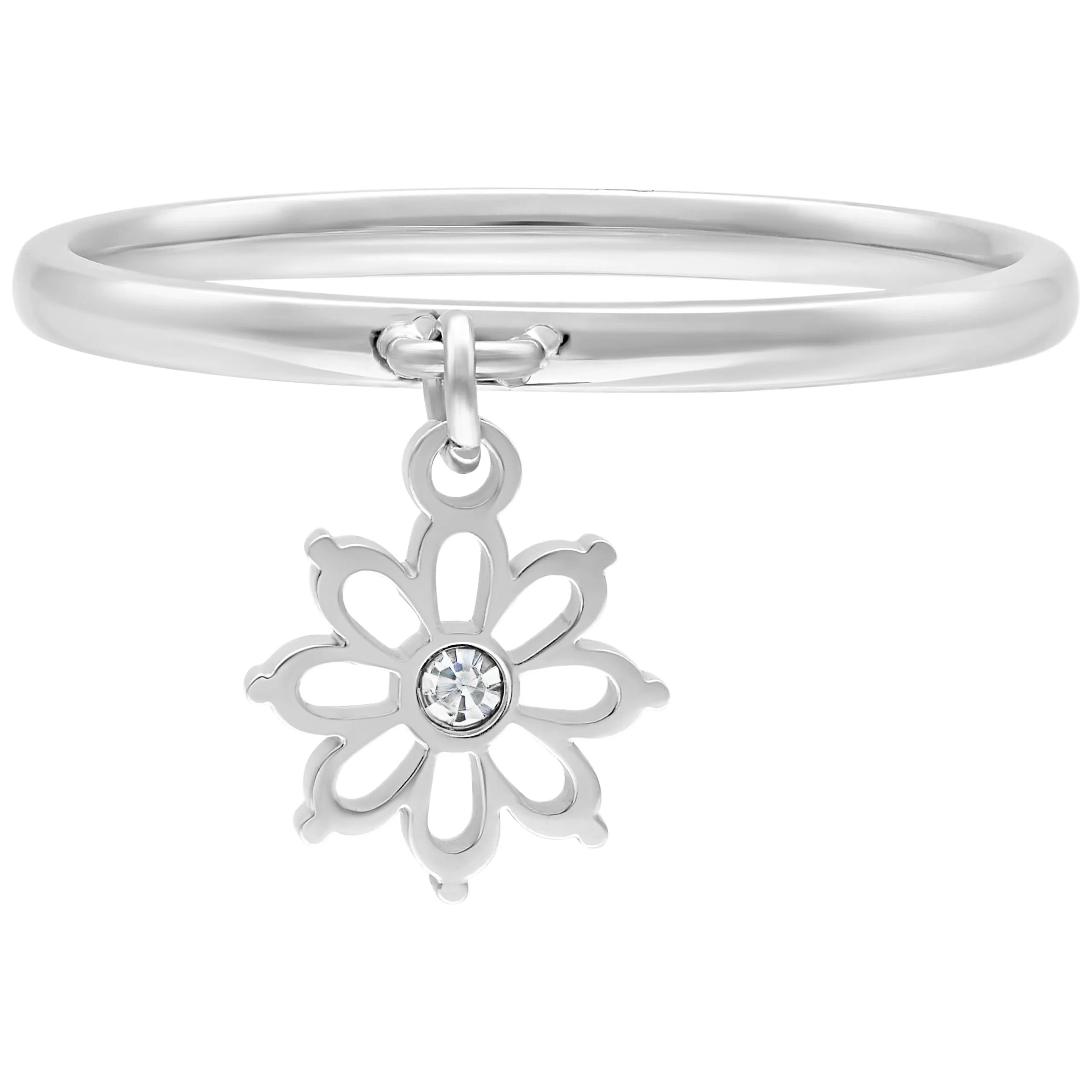Anello in acciaio chirurgico argento con ciondolo a forma di fiore su sfondo bianco