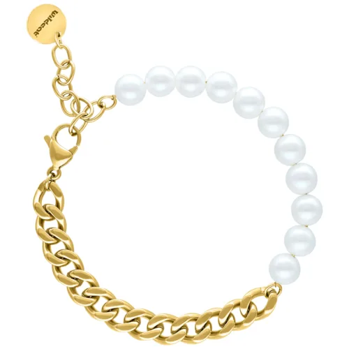 Bracciale Chunky Pearl con catena dorata e perle bianche su sfondo bianco