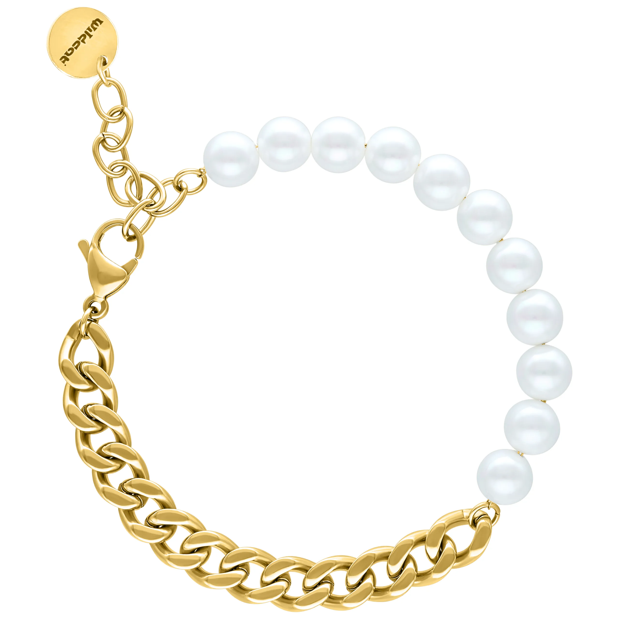 Bracciale Chunky Pearl con catena dorata e perle bianche su sfondo bianco