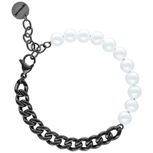 Bracciale unisex con perle bianche e catena in metallo nero su sfondo bianco