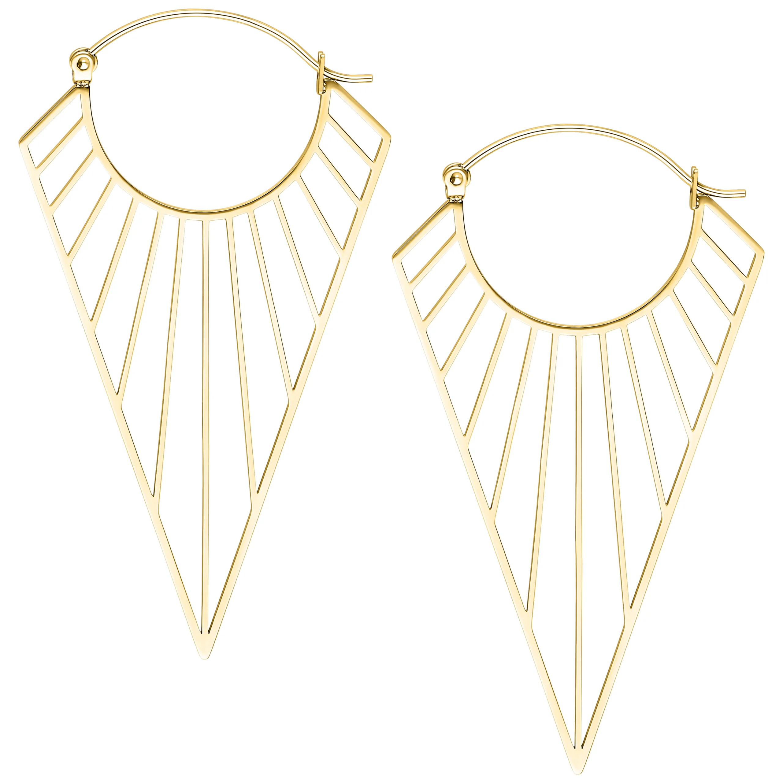 Orecchini geometrici Prisma in oro su sfondo bianco, realizzati in acciaio chirurgico