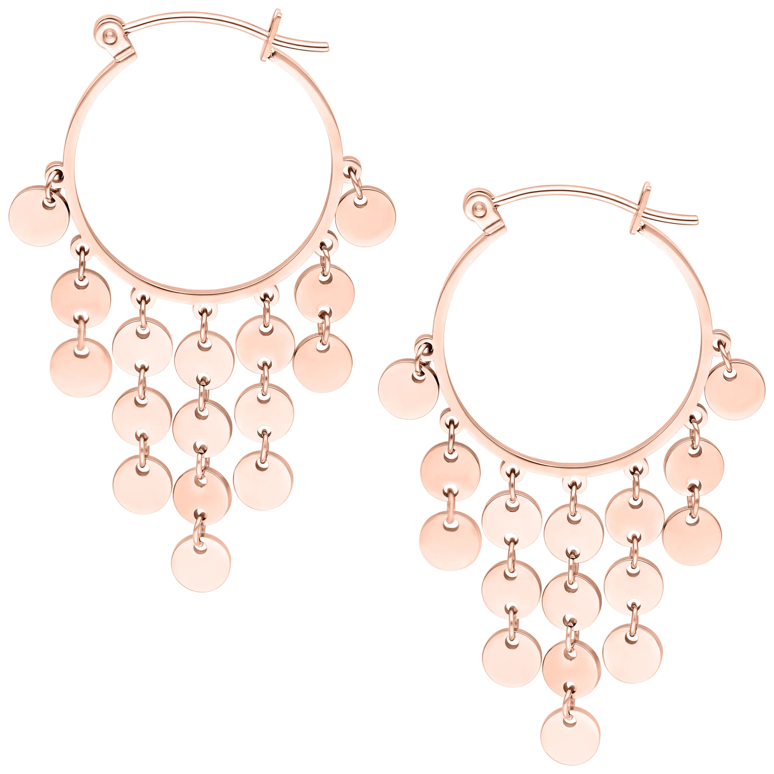 Coppia di orecchini in oro rosa con dischi pendenti su sfondo bianco