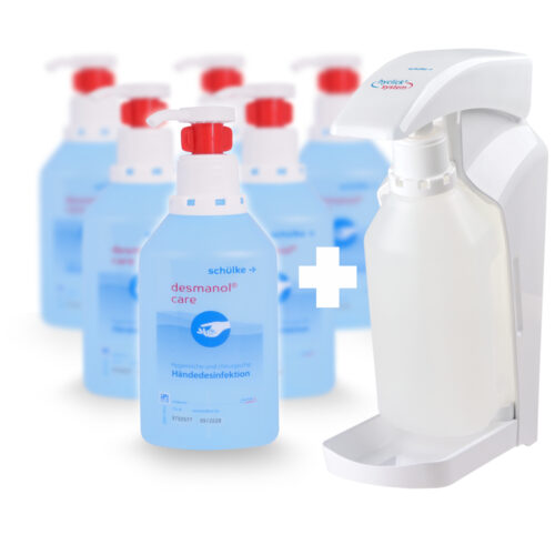 Disinfettante per le mani blu e dispenser bianco su sfondo bianco