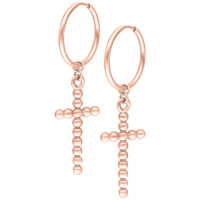 Due orecchini in oro rosa con design a croce fatto di piccole sfere su sfondo bianco