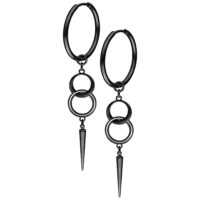 Orecchini a cerchio neri in acciaio chirurgico con doppio anello e ciondolo su sfondo bianco