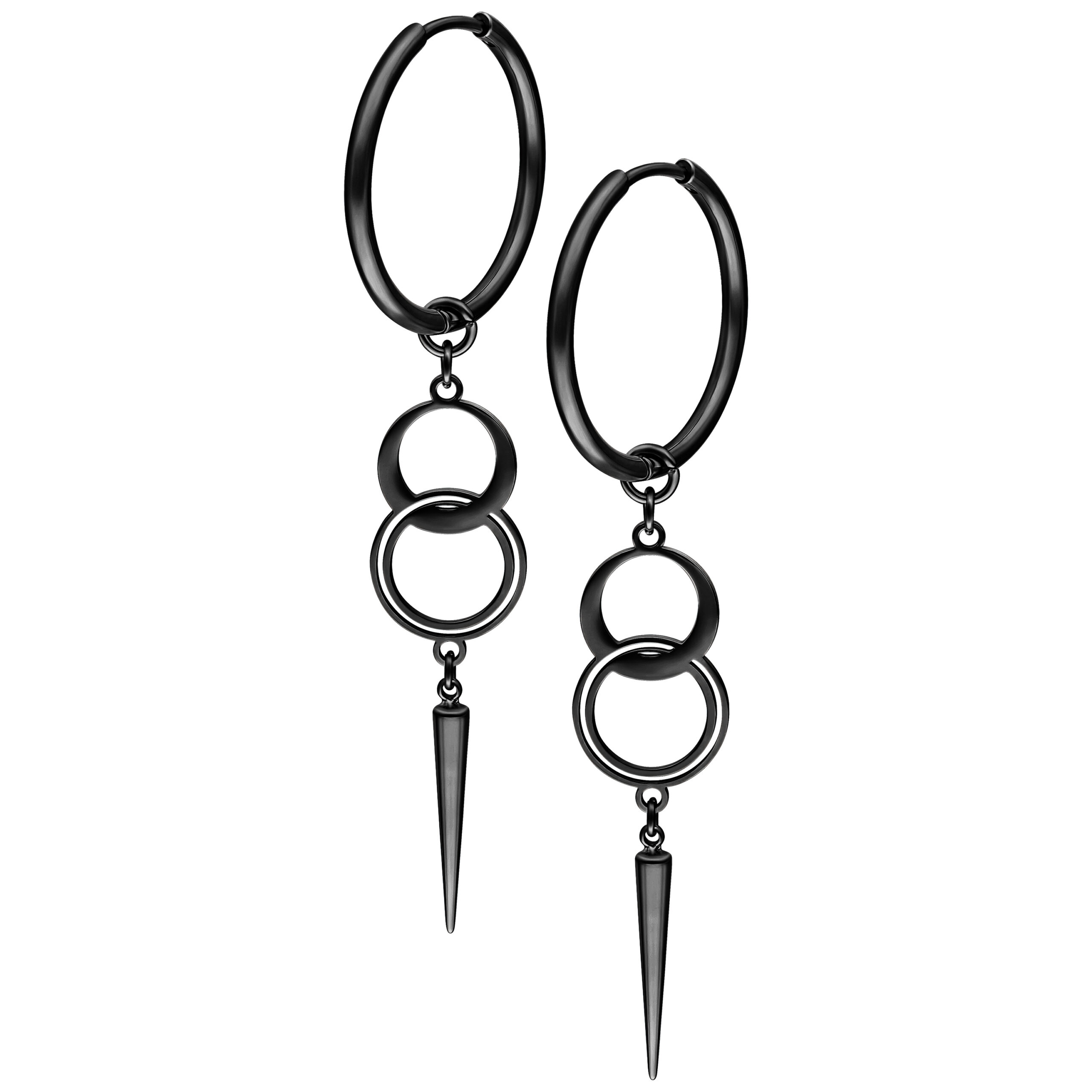 Orecchini a cerchio neri in acciaio chirurgico con doppio anello e ciondolo su sfondo bianco