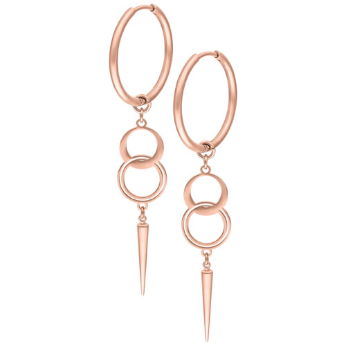 Coppia di orecchini a cerchio in oro rosa con pendenti circolari e estremità appuntite su sfondo bianco