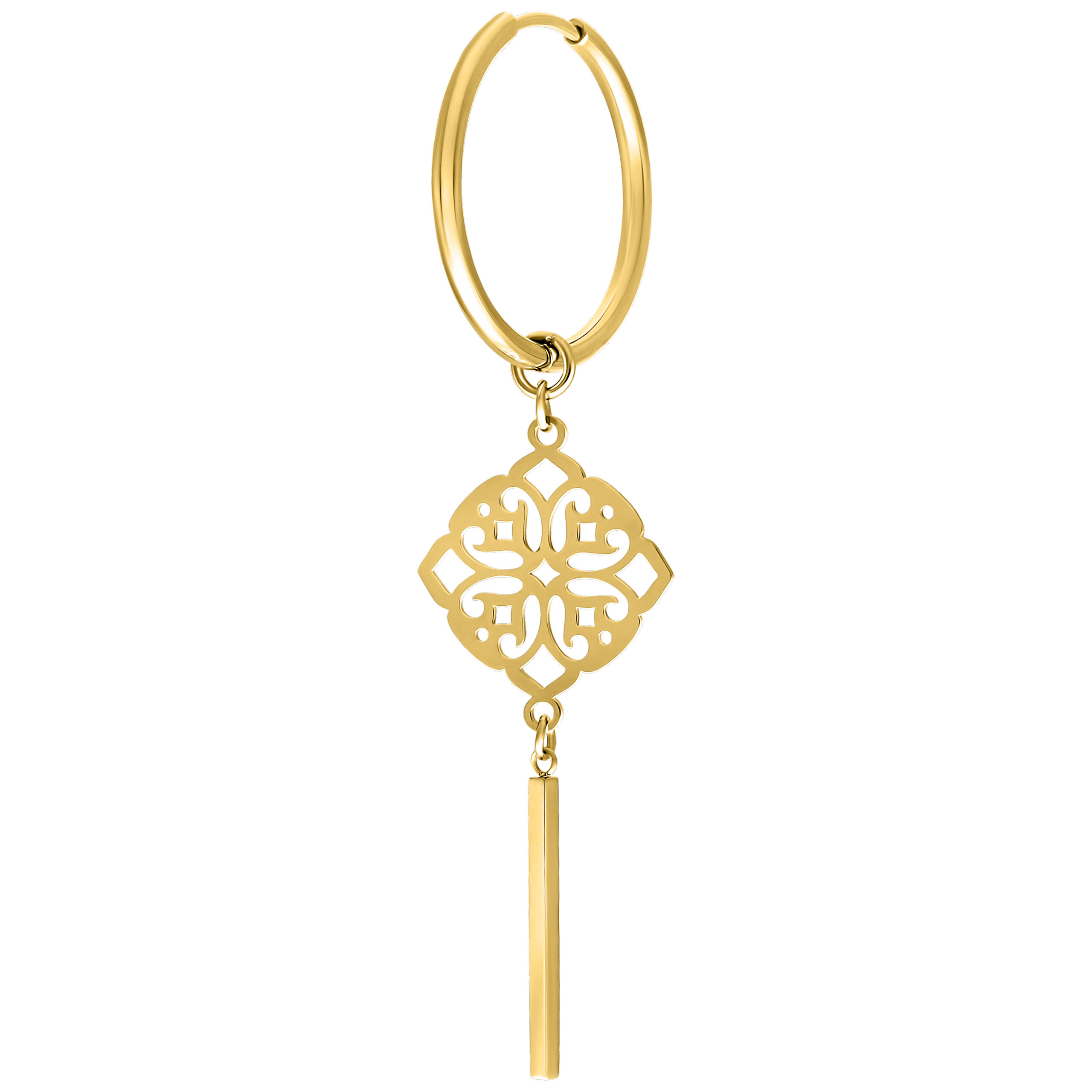 Orecchini a Cerchio Clover Dorati in Acciaio Chirurgico Orecchino dorato con ciondolo a forma di trifoglio su sfondo bianco