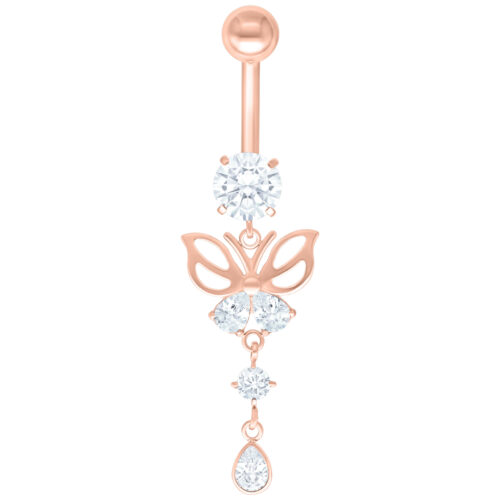 Bananabell a farfalla in oro rosa con cristalli chiari su sfondo bianco