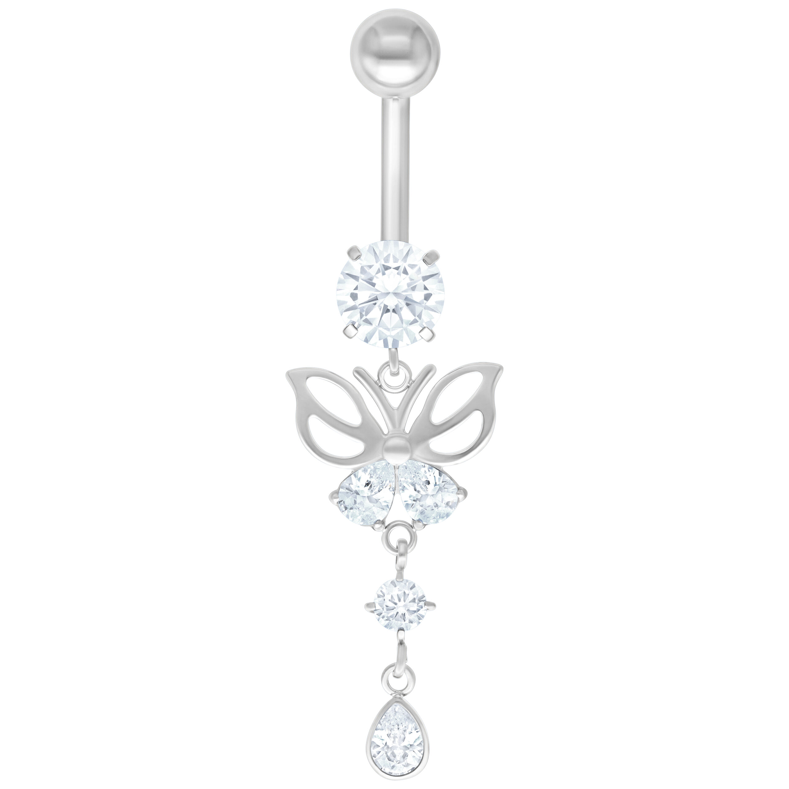 Banana Bell farfalla argento in titanio con cristalli chiari su sfondo bianco