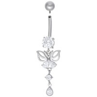 Piercing all'ombelico in argento a forma di farfalla con cristalli chiari su sfondo bianco