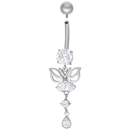Piercing all'ombelico in argento a forma di farfalla con cristalli chiari su sfondo bianco