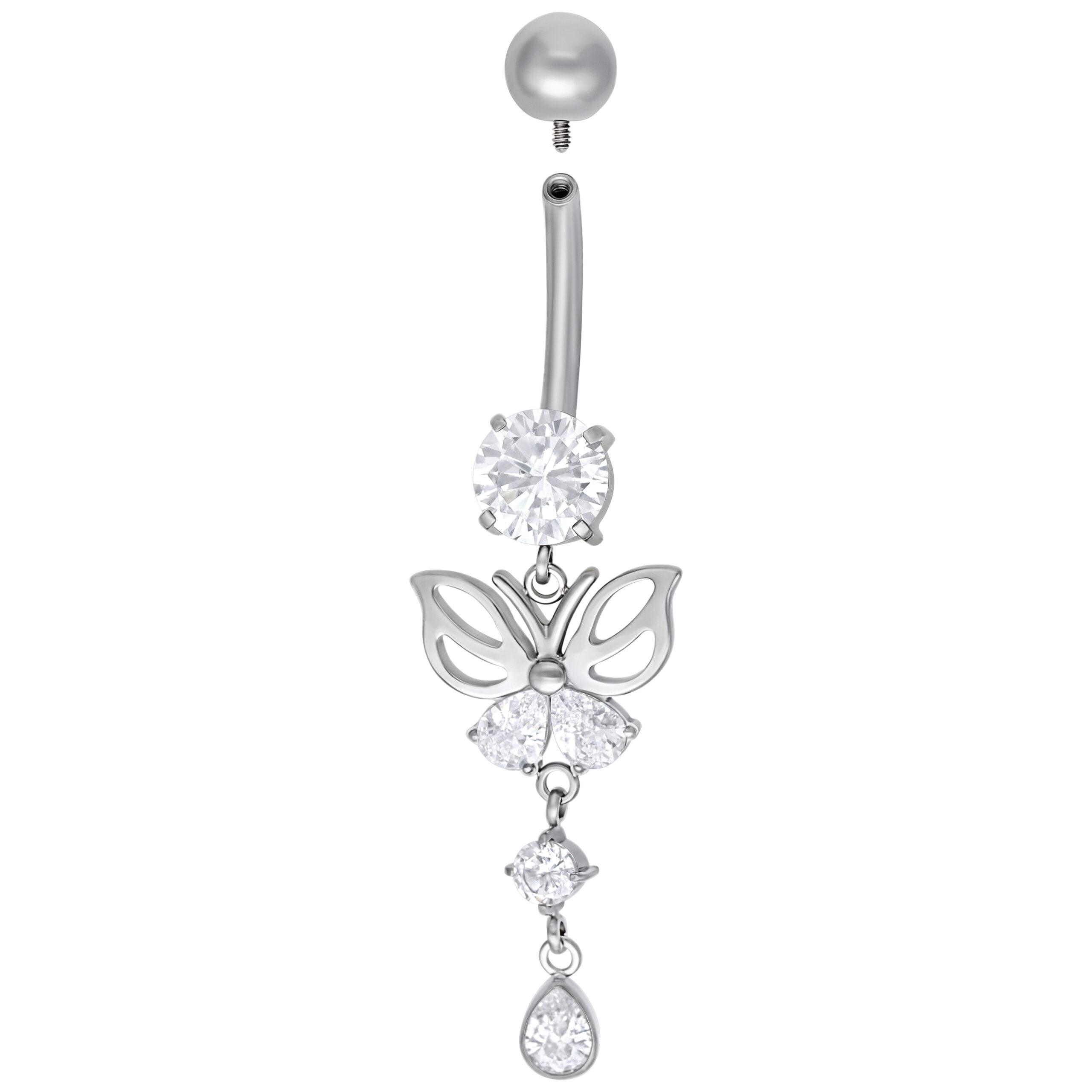 Piercing all'ombelico in argento a forma di farfalla con cristalli chiari su sfondo bianco