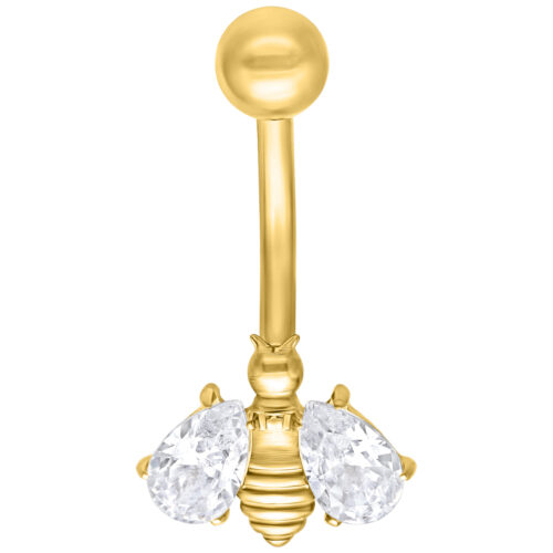 Banana bell dorato con motivo ape e pietre cristalline su sfondo bianco