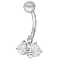 Piercing all'ombelico in argento con ape di cristallo su sfondo bianco