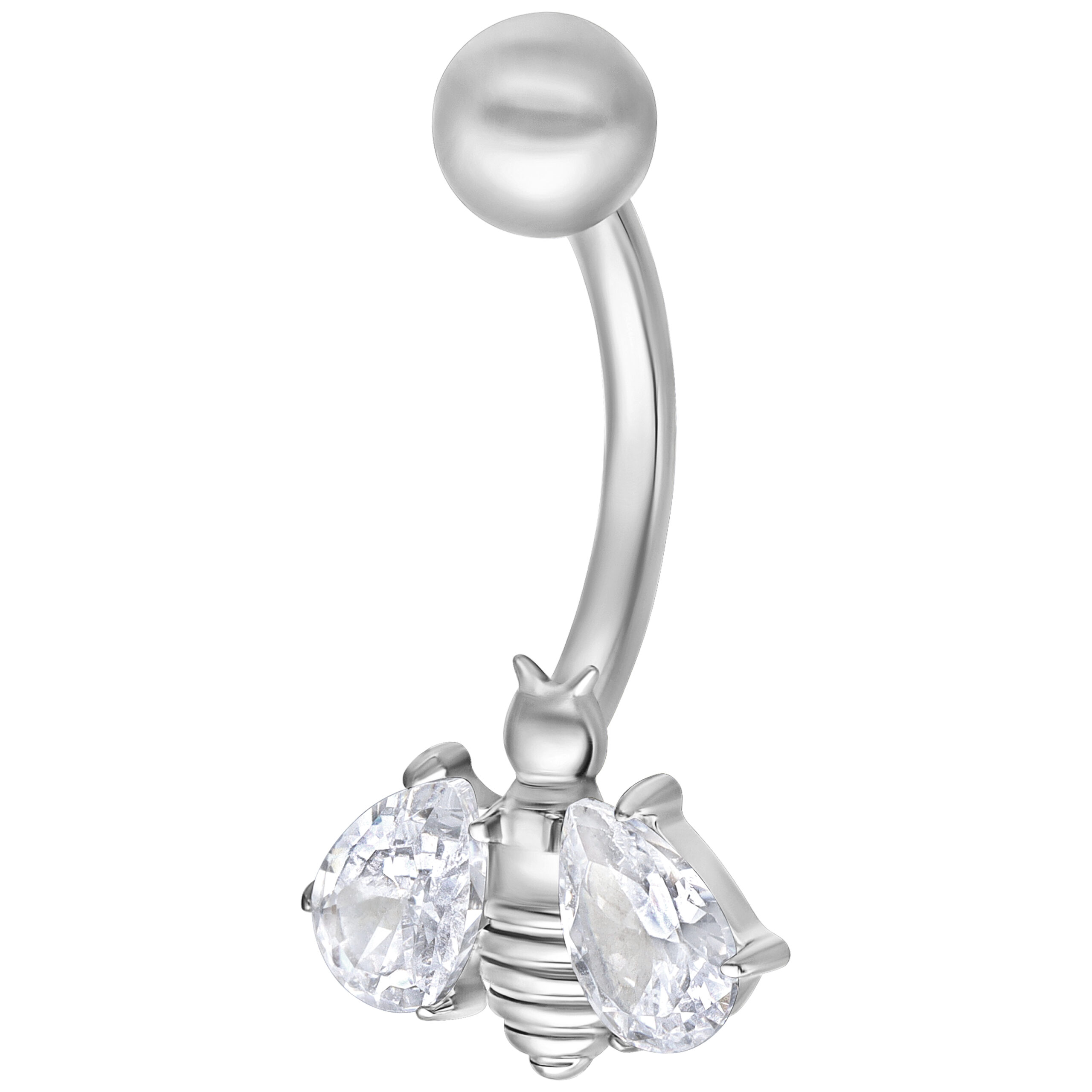 Piercing all'ombelico in argento con ape di cristallo su sfondo bianco