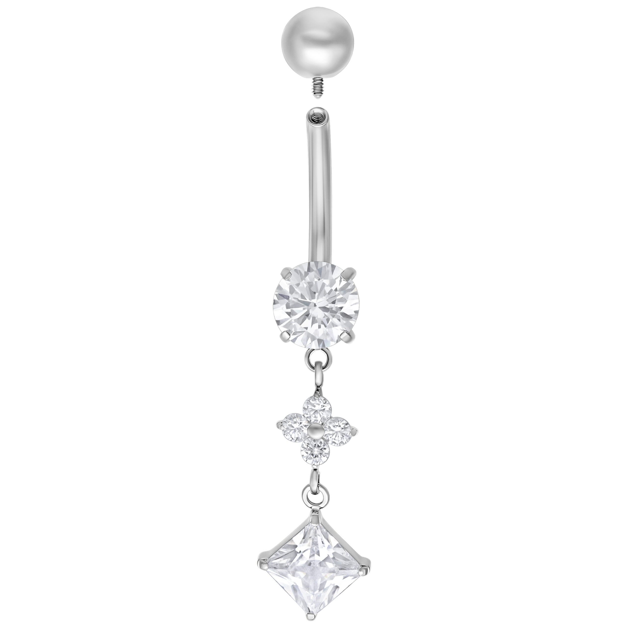 Piercing Bananabell in argento con cristalli chiari su sfondo bianco