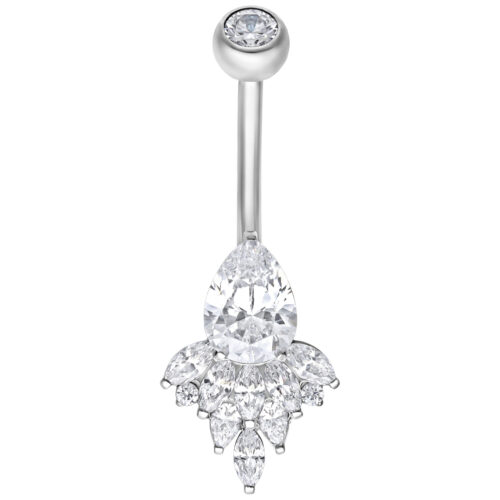 Piercing Banana Bell in argento con cristalli chiari su sfondo bianco