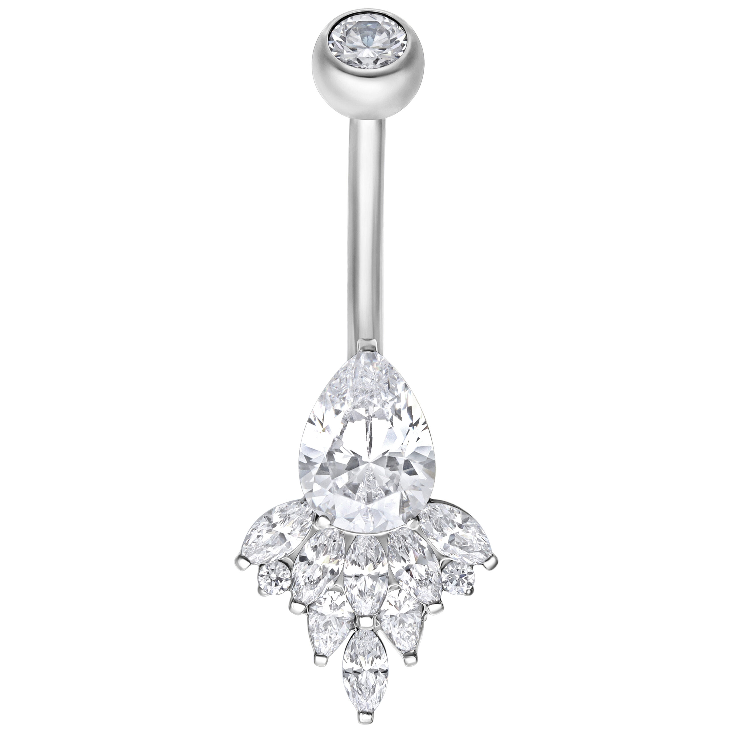 Piercing Banana Bell in argento con cristalli chiari su sfondo bianco