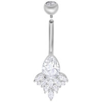 Piercing bananabell in titanio argentato con cristalli chiari su sfondo bianco