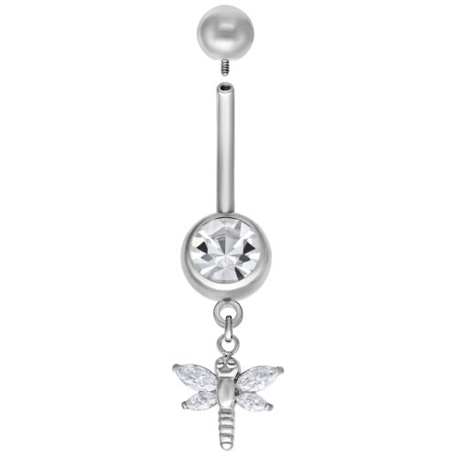 Piercing all'ombelico in argento con ciondolo a libellula e pietra cristallina, 8,0 mm