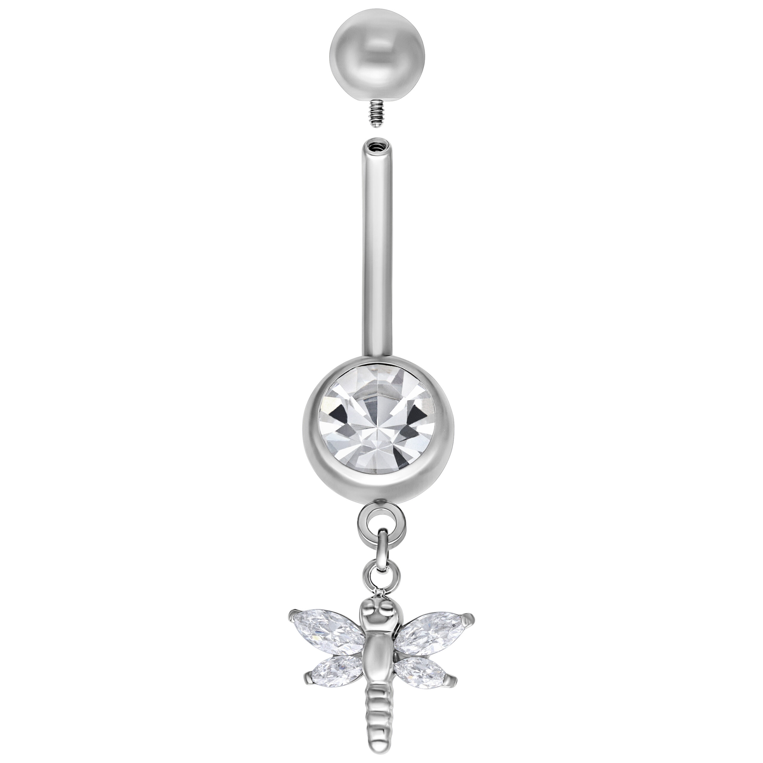 Piercing all'ombelico in argento con ciondolo a libellula e pietra cristallina, 8,0 mm