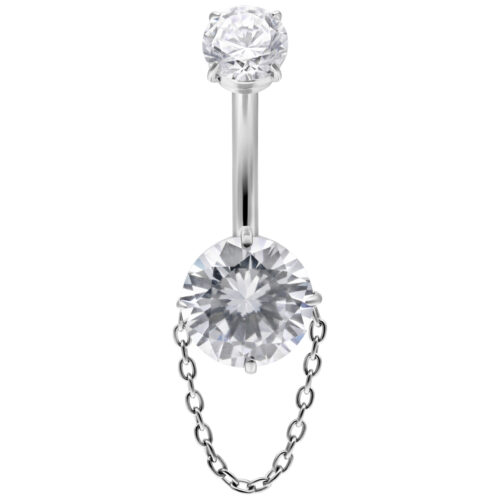 Bananabell argentato con cristalli chiari e catena su sfondo bianco