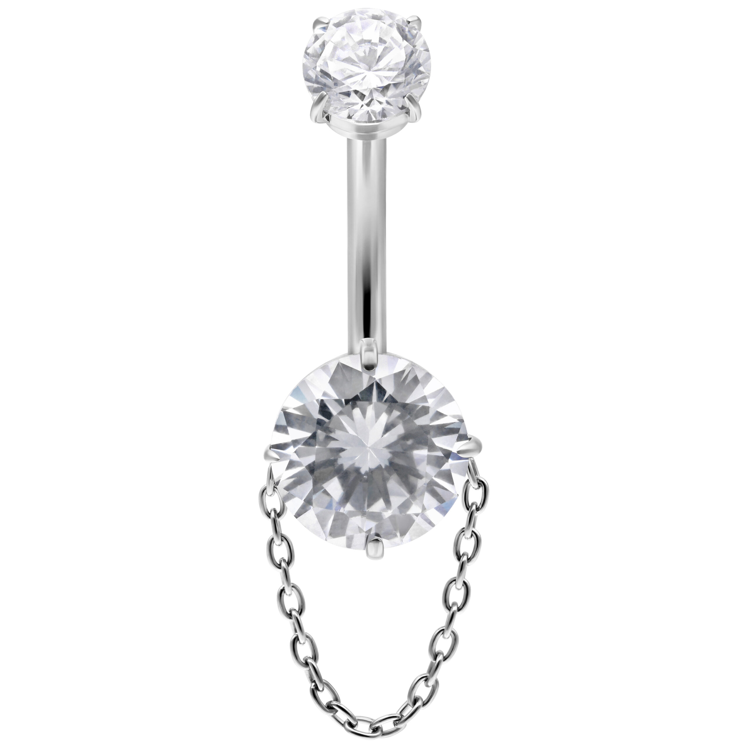 Bananabell argentato con cristalli chiari e catena su sfondo bianco