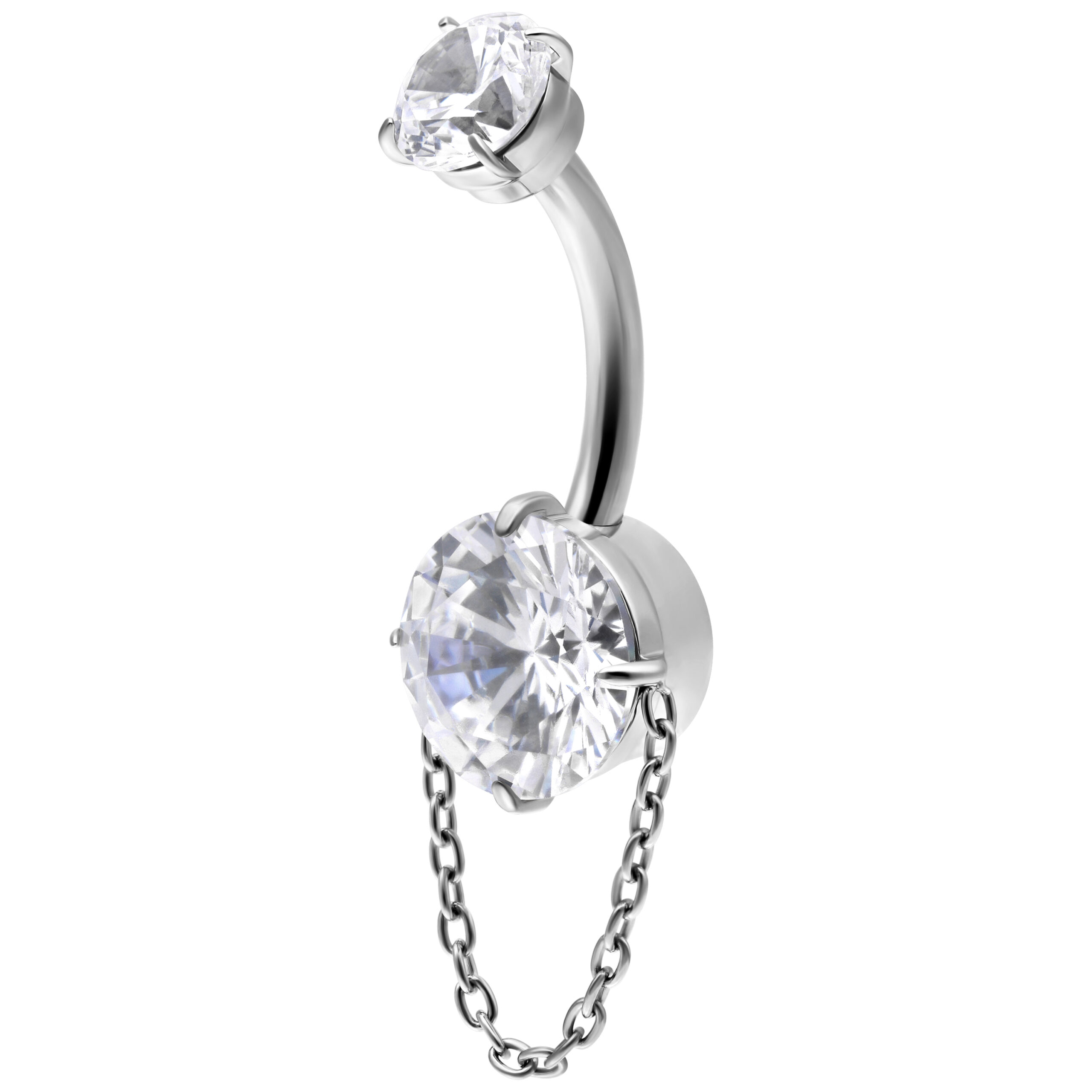 Piercing Bananabell in argento con cristalli chiari e catena su sfondo bianco