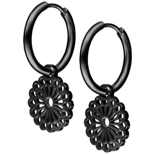 Mandala hoops neri in acciaio chirurgico con chiusura a scatto su sfondo bianco