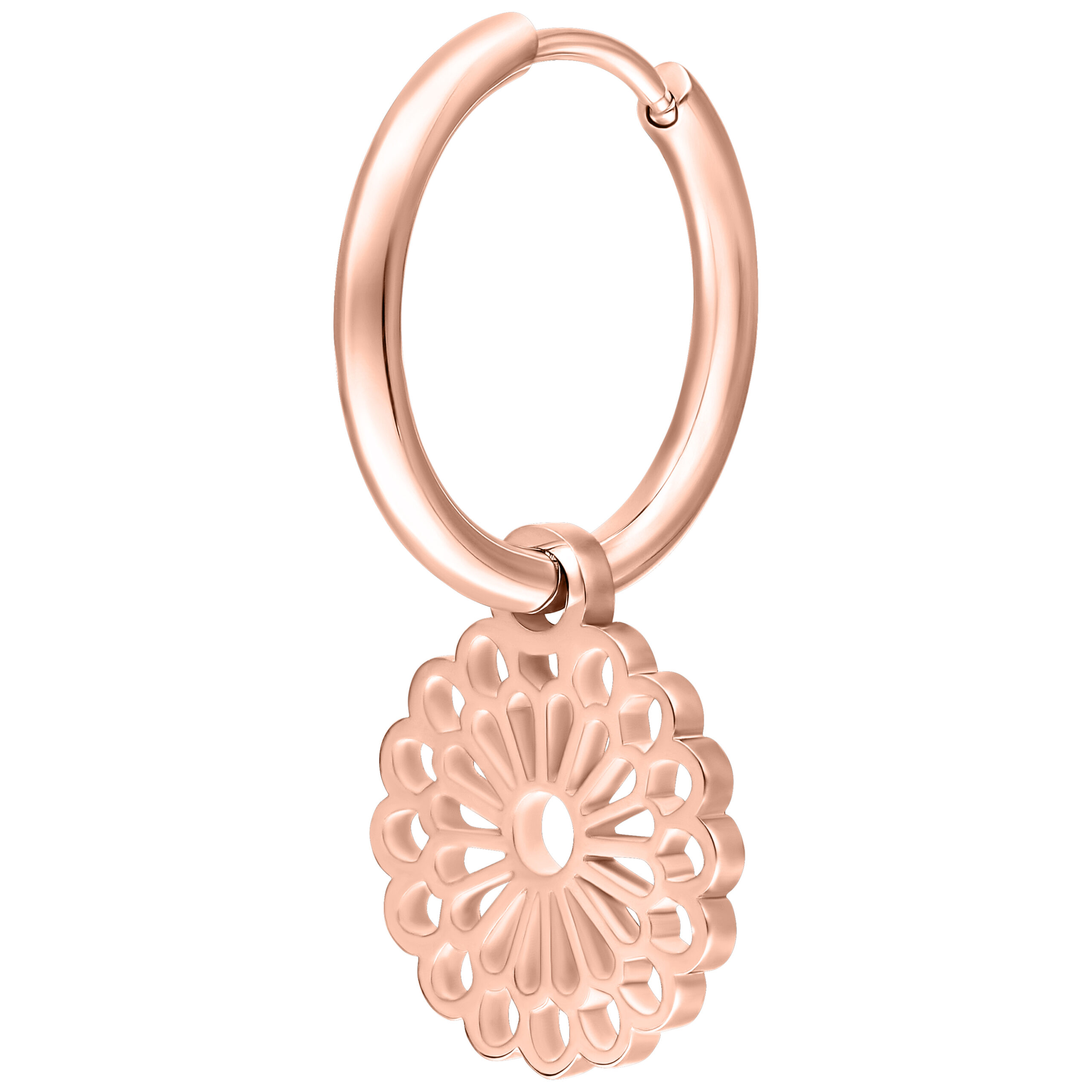 Orecchino in oro rosa con ciondolo Mandala su sfondo bianco