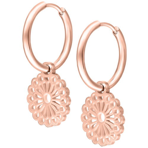 Orecchini Mandala in oro rosa in acciaio chirurgico su sfondo bianco