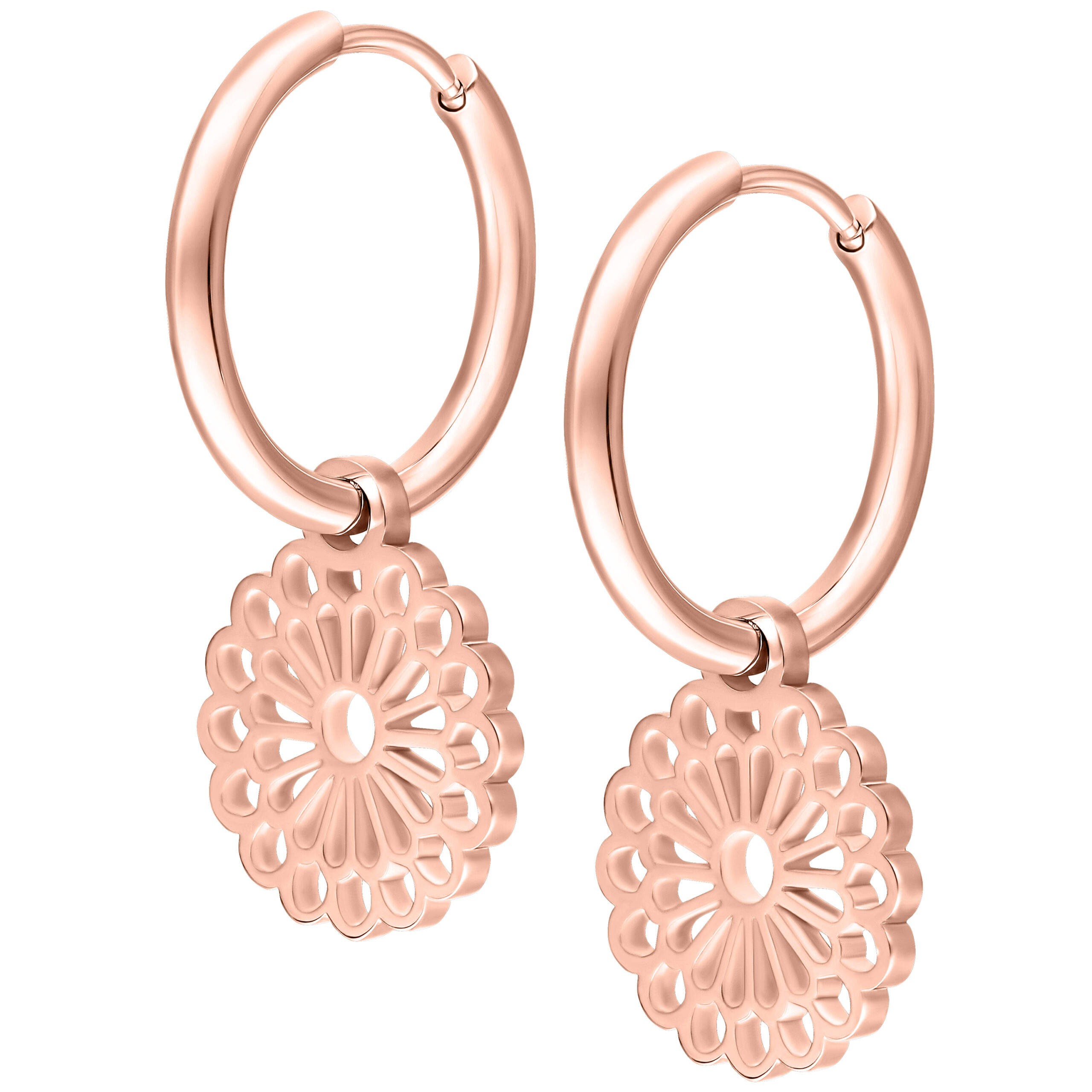 Orecchini Mandala in oro rosa in acciaio chirurgico su sfondo bianco