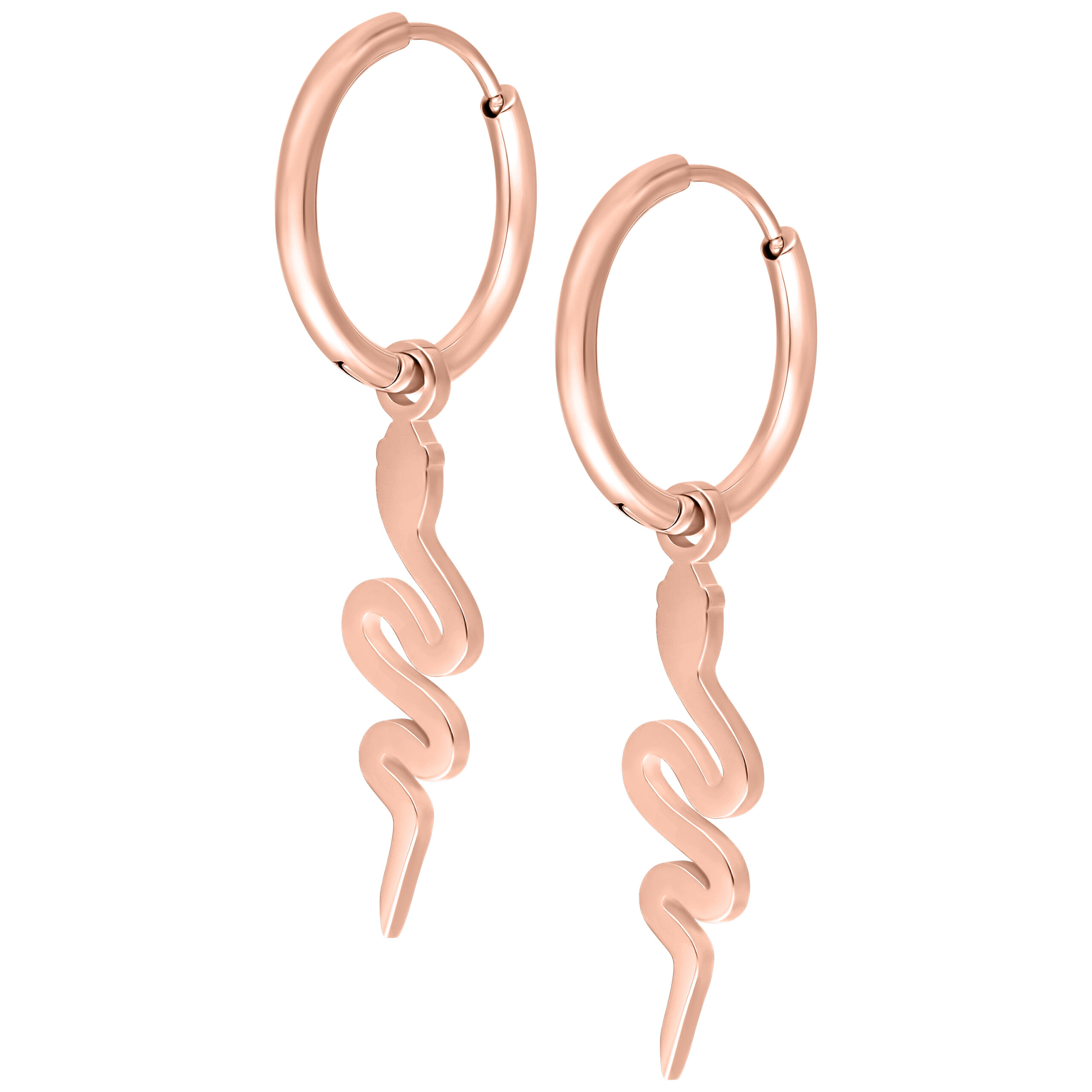 Orecchini in oro rosa a forma di serpente su sfondo bianco