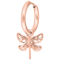 Orecchini a cerchio in oro rosa con ciondolo a libellula su sfondo bianco
