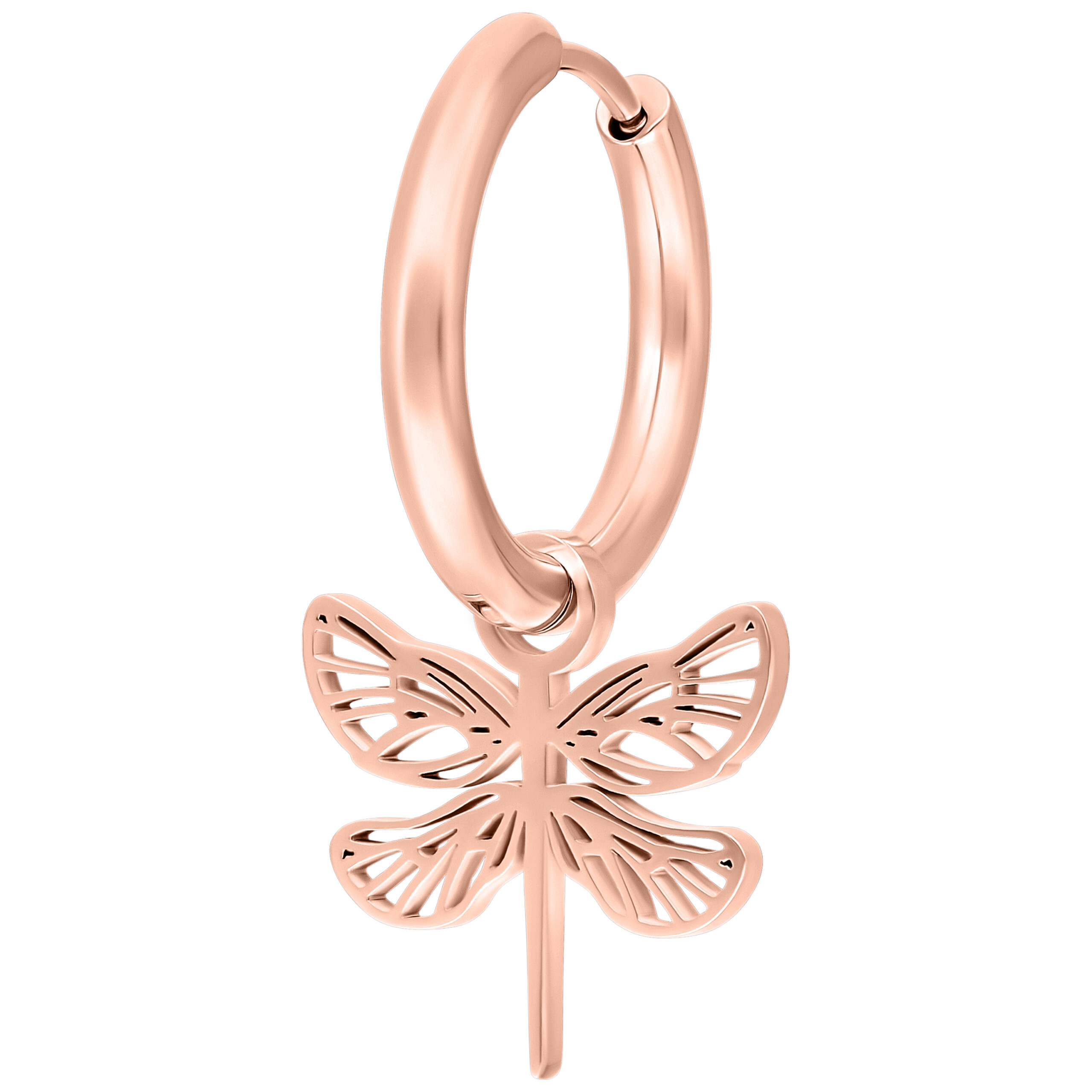 Orecchini a cerchio in oro rosa con ciondolo a libellula su sfondo bianco