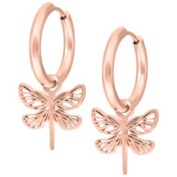 Orecchini a cerchio in oro rosa con pendente a forma di fiore su sfondo bianco