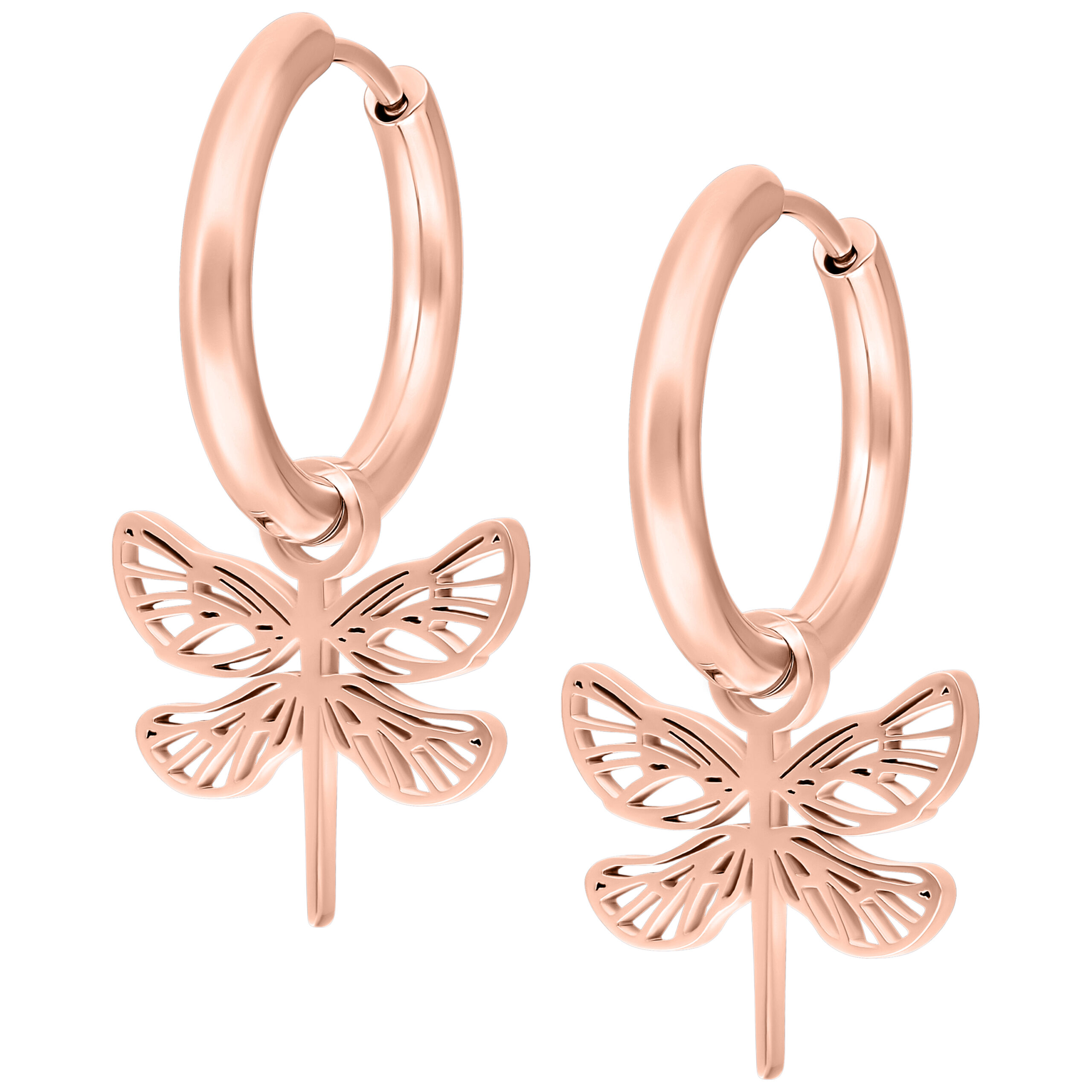 Orecchini a cerchio in oro rosa con pendente a forma di fiore su sfondo bianco