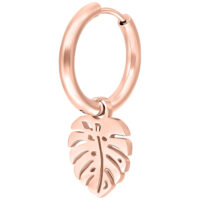 Orecchini in oro rosa con pendente a foglia di Monstera su sfondo bianco