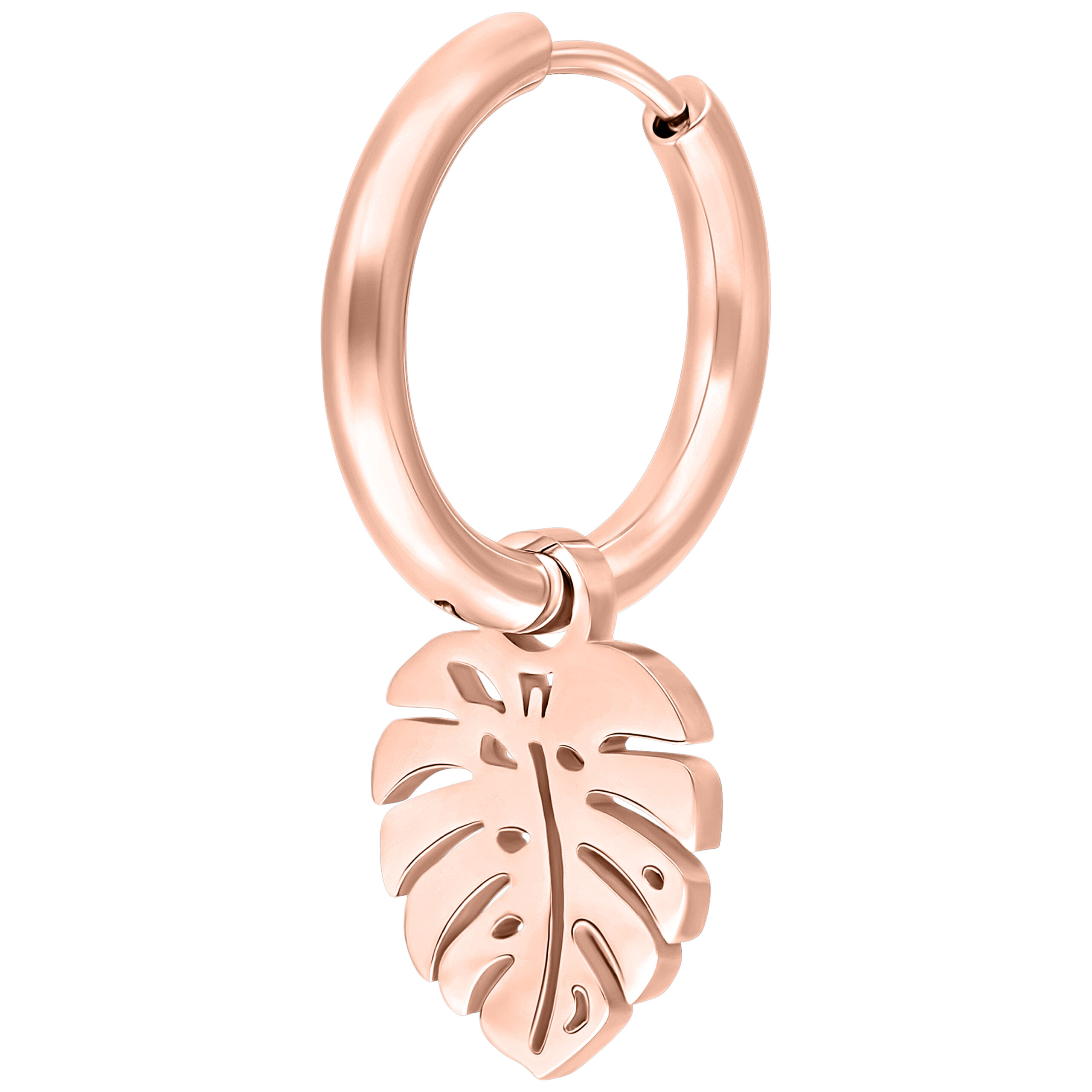 Orecchini in oro rosa con pendente a foglia di Monstera su sfondo bianco