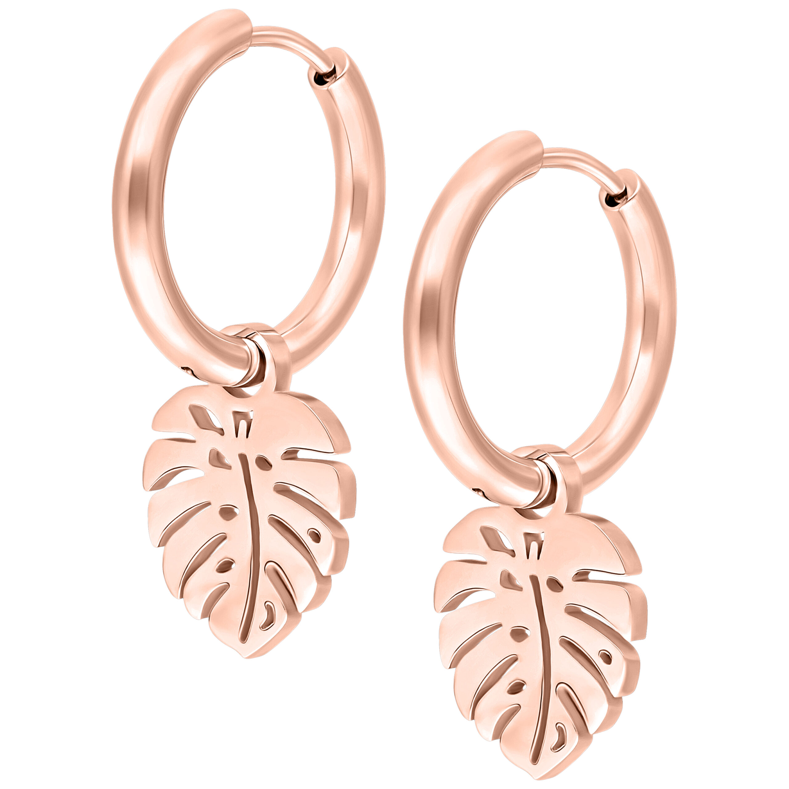 Orecchini a forma di foglia di Monstera in oro rosa su sfondo bianco