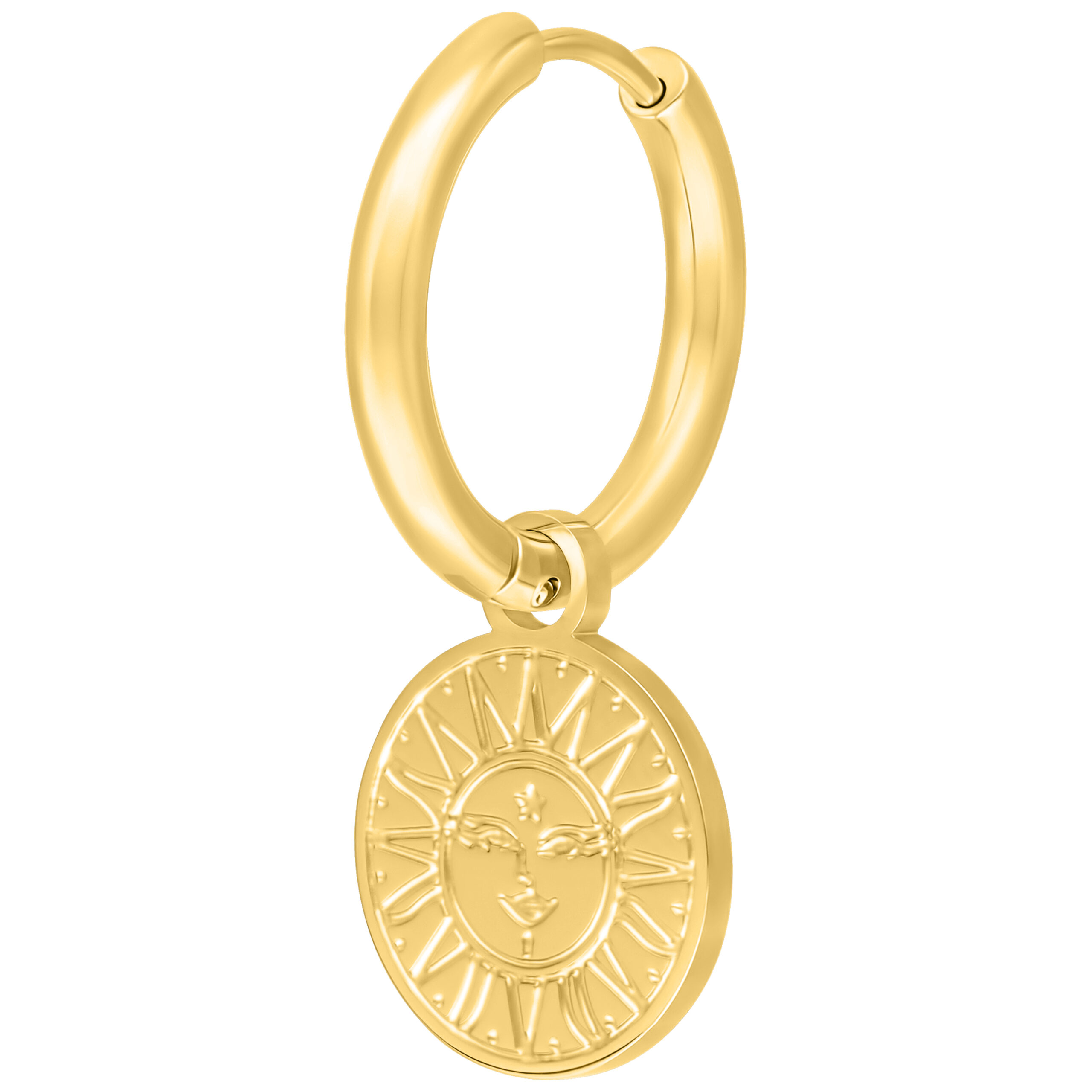 Orecchini a cerchio dorati Little Sun Moon Orecchini dorati in stile hoops con ciondolo sole-luna su sfondo bianco