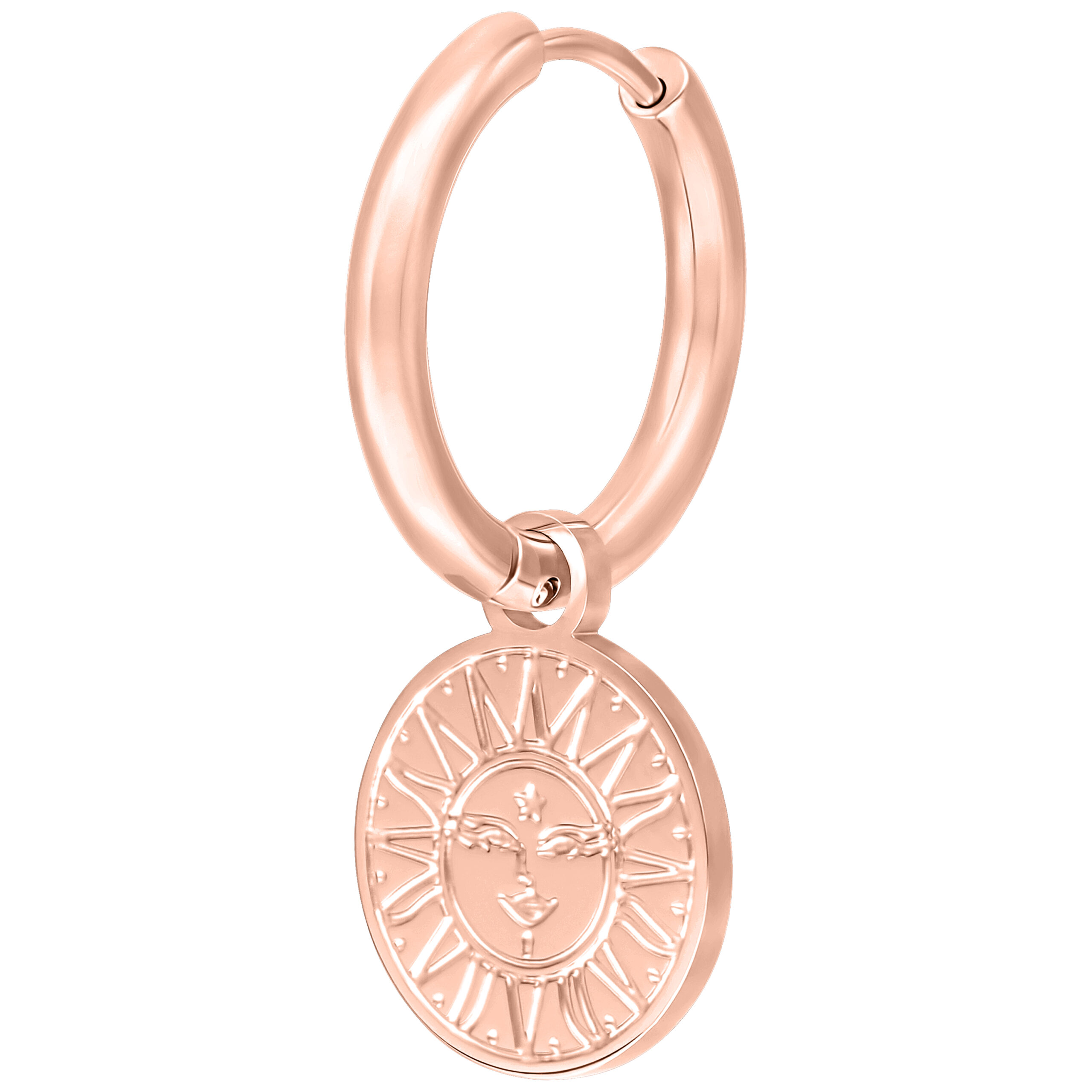 Orecchini in oro rosa con pendente sole-luna su sfondo bianco