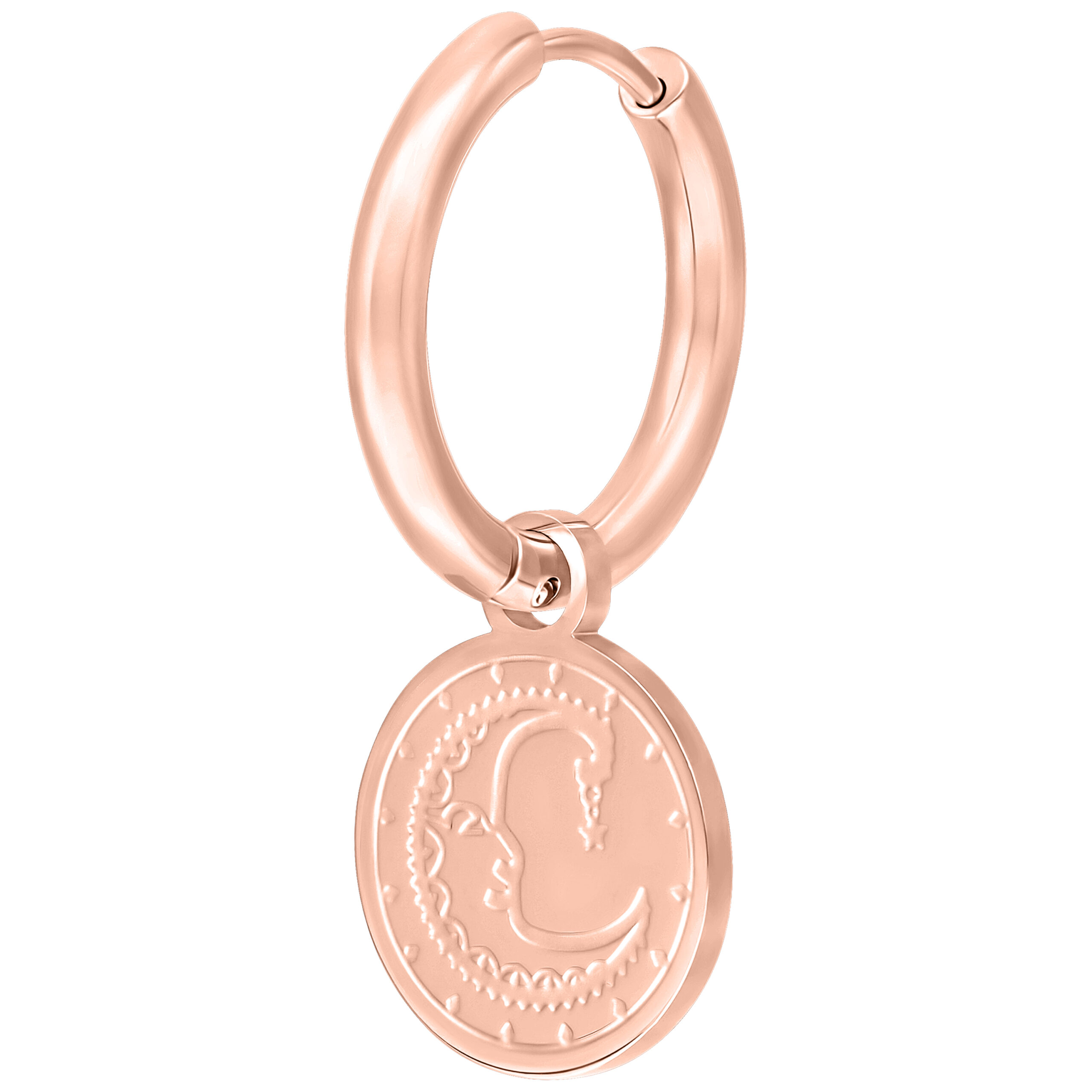 Orecchino in oro rosa con motivo sole e luna su sfondo bianco