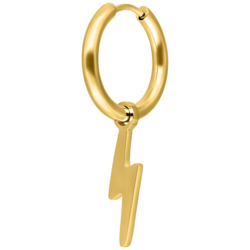 Orecchini dorati con ciondolo a forma di fulmine su sfondo bianco