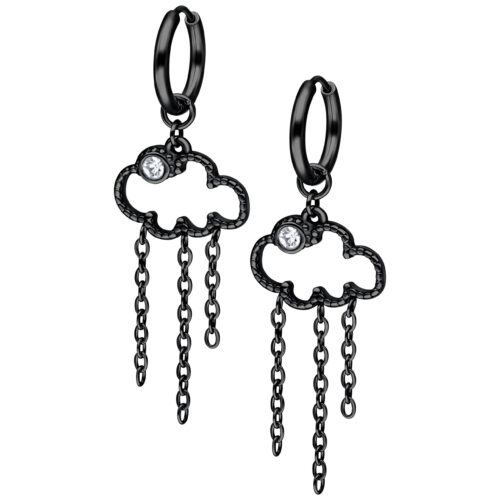 Orecchini neri a forma di nuvola con pendenti a catena su sfondo bianco